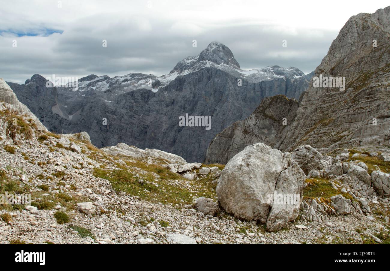 North face of the Triglav mountain in julian alps, Slovenia, with some snow on the peaks Stock Photo