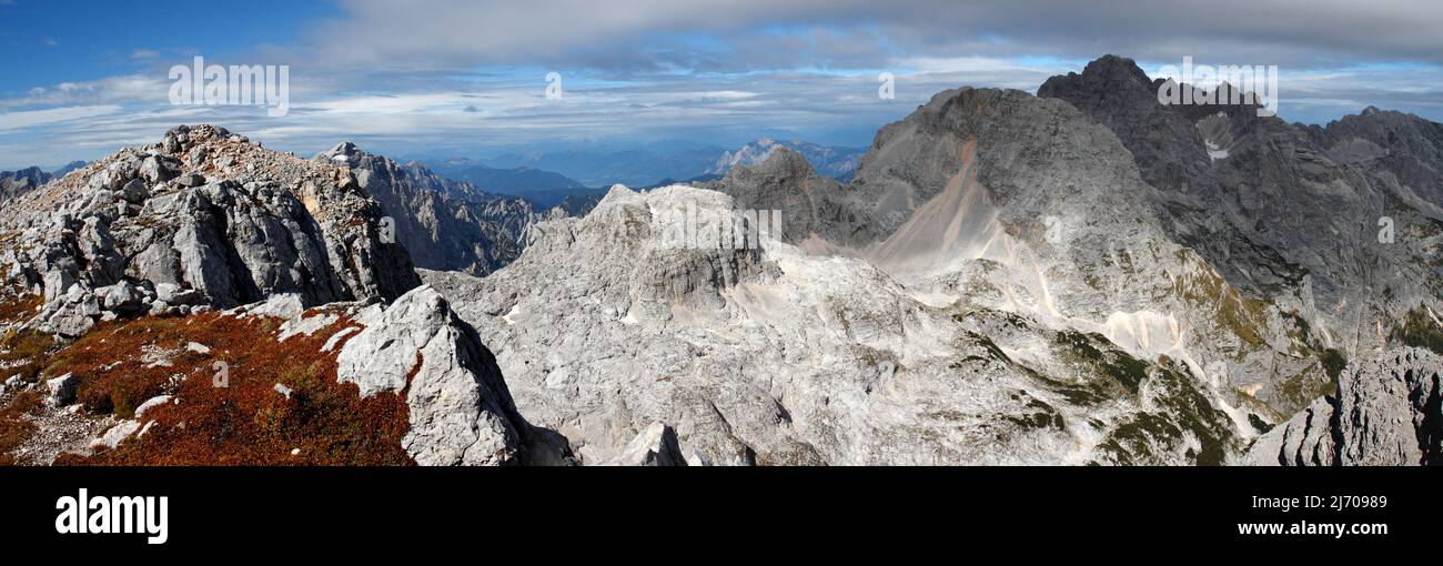 Amazing alpine view of the mountains from mount Stenar in Slovenia in Julian Alps. Stock Photo