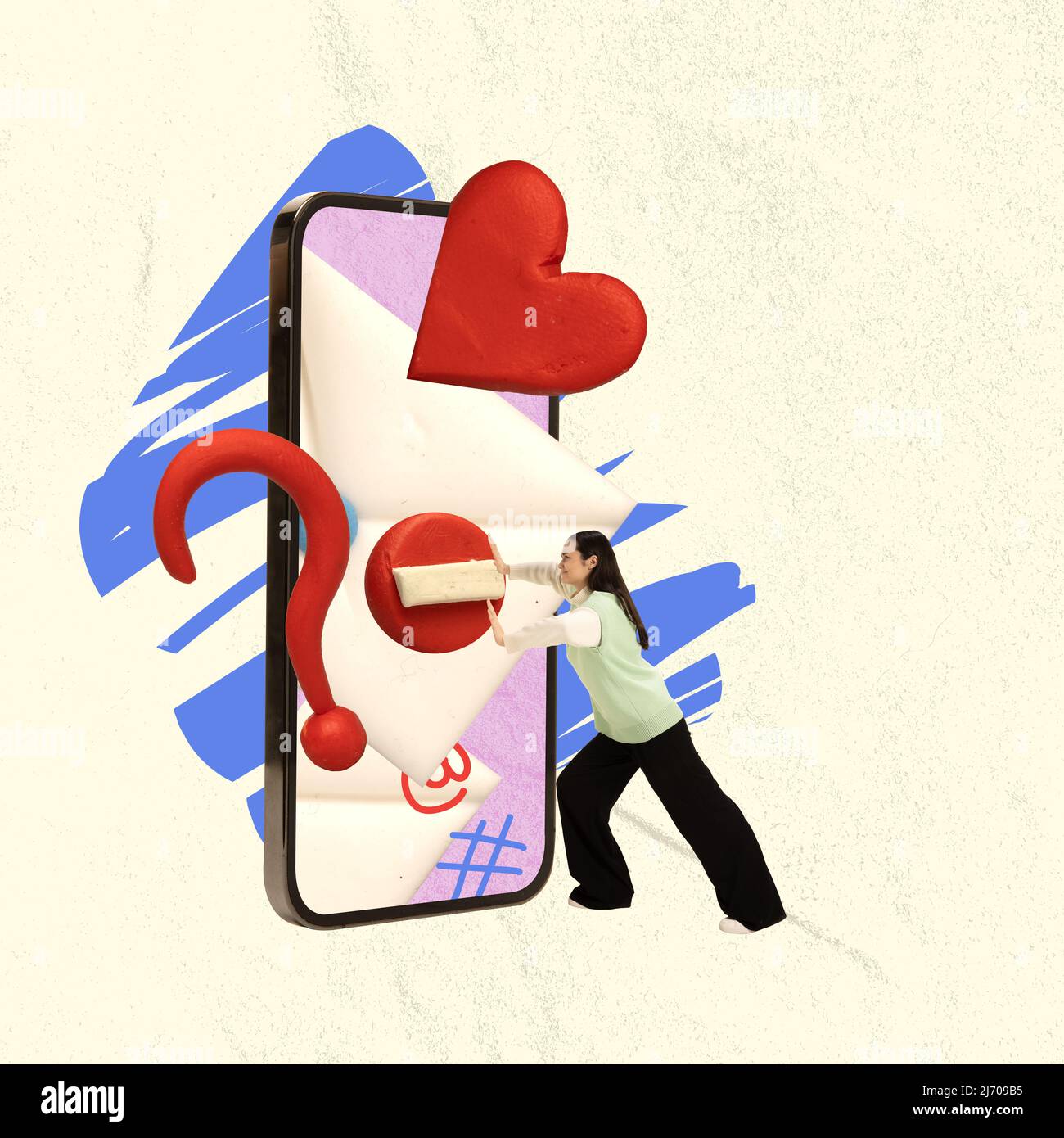 Contemporary art collage. Young girl pushing letter inside phone screen, getting likes Stock Photo