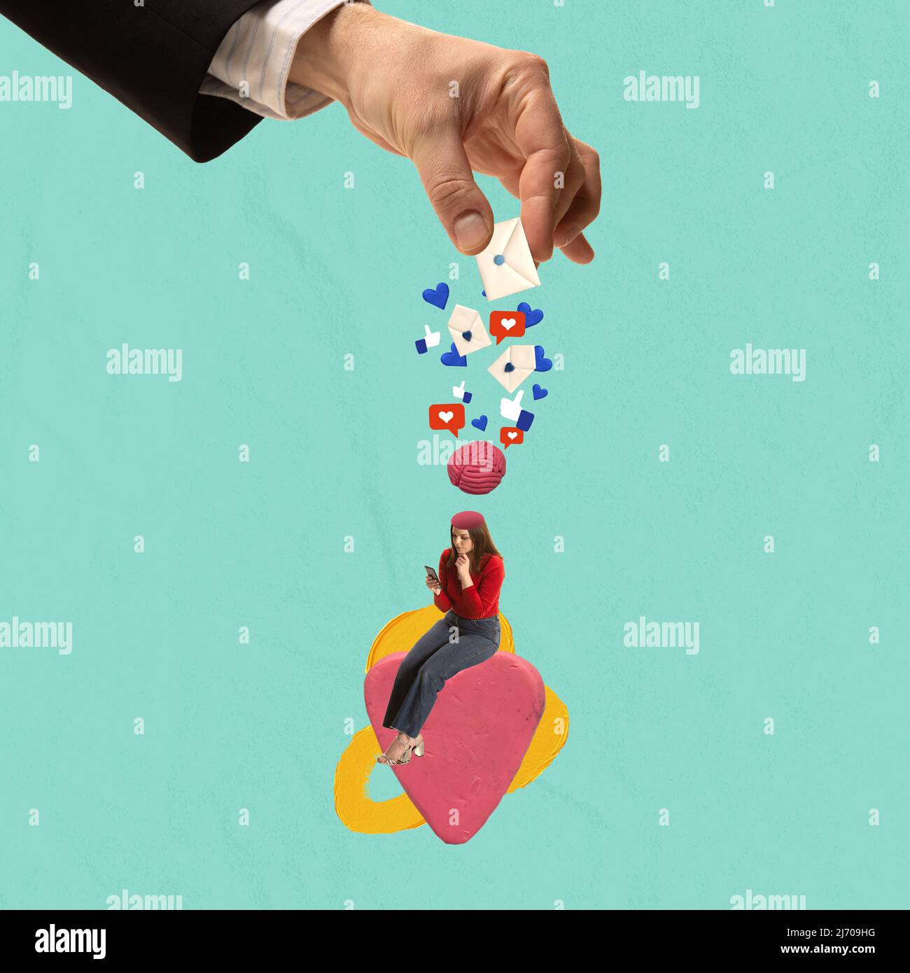 Contemporary art collage. Male hand scattering social media icons on ...