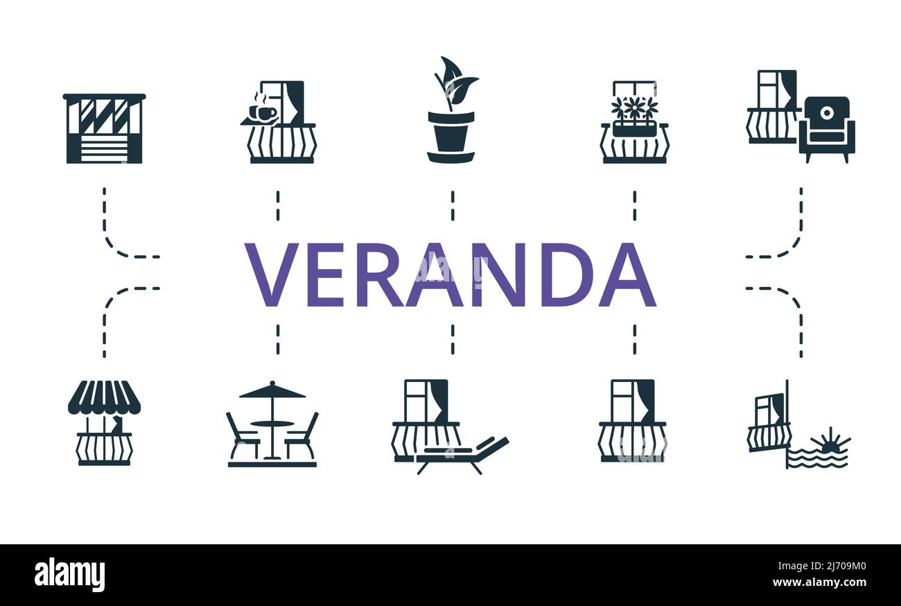 Veranda set icon. Editable icons veranda theme such as balcony furniture, chaise lounge, awning and more. Stock Vector