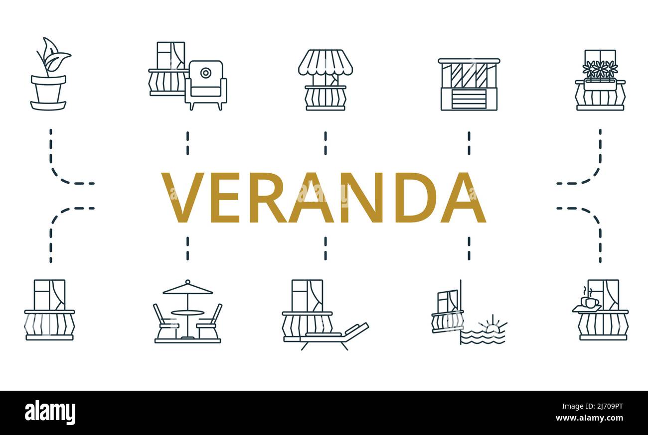 Veranda set icon. Editable icons veranda theme such as balcony furniture, chaise lounge, awning and more. Stock Vector