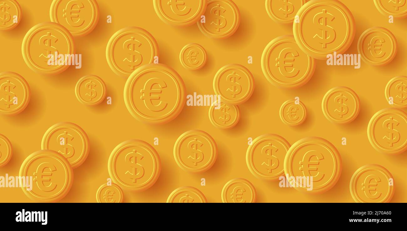 Yellow Background with dollar and euro golden coins falling. Vector illustration Stock Vector