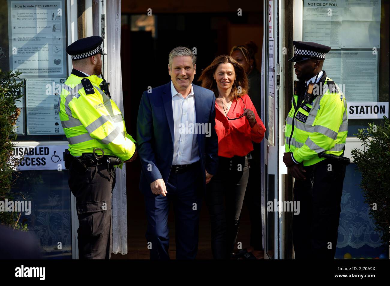British Labour Party leader Keir Starmer and wife Victoria Starmer walk outside a polling station during the local elections in Kentish Town, London, Britain May 5, 2022. REUTERS/John Sibley Stock Photo