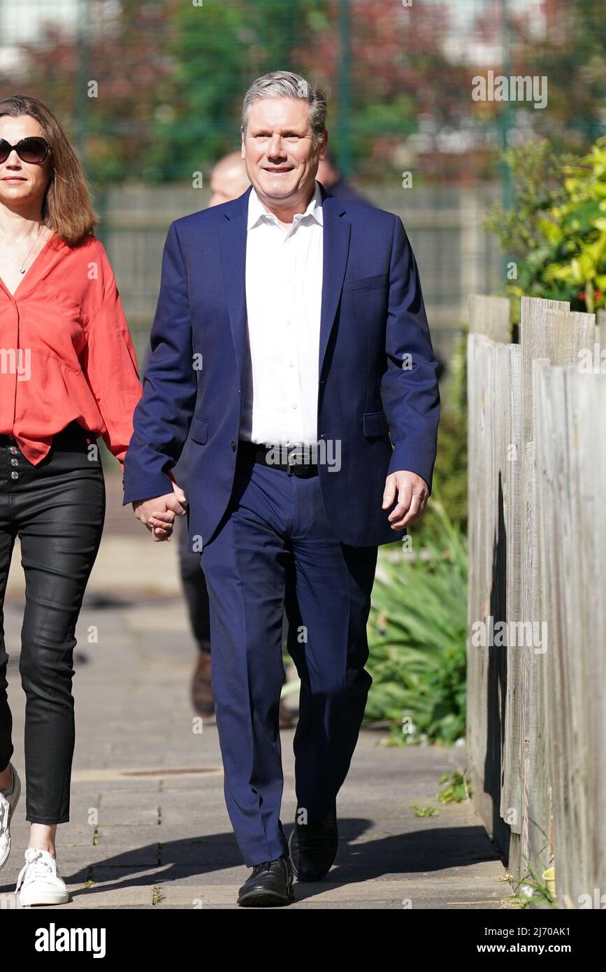 Labour leader Keir Starmer and his wife Victoria arrive to vote at the ...