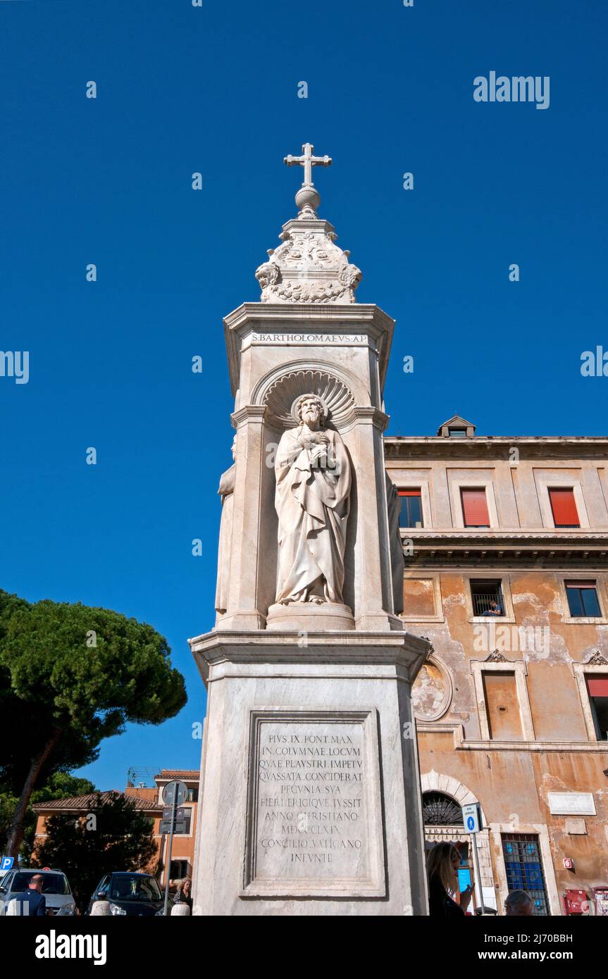 Marble monument (by Ignazio Giacometti in 1869) in Piazza San Bartolomeo, Tiber Island, Rome, Lazio, Italy Stock Photo
