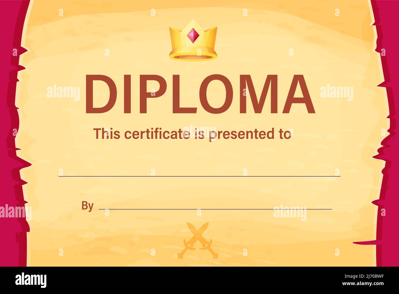 Diploma, certificate red background with parchment decorated with crown, graduate in cartoon style. . Vector illustration Stock Vector