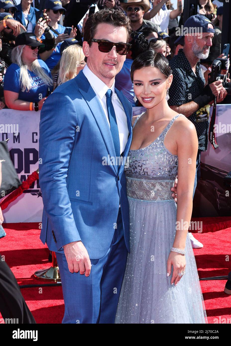 SAN DIEGO, CALIFORNIA, USA - MAY 04: American actor Miles Teller and wife/actress Keleigh Sperry arrive at the World Premiere Of Paramount Pictures' 'Top Gun: Maverick' held at the USS Midway Museum on May 4, 2022 in San Diego, California, United States. (Photo by Xavier Collin/Image Press Agency) Stock Photo