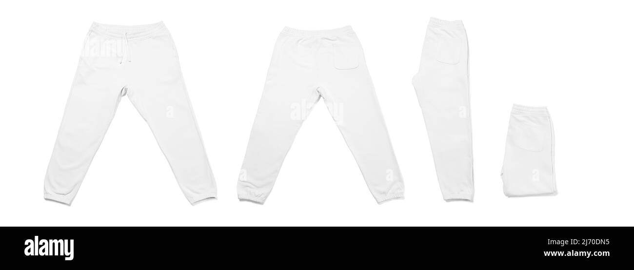 Collage of differently folded white sweatpants on white background
