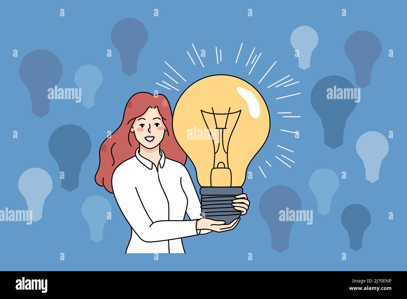 Smiling young woman hold huge lightbulb brainstorm generate creative business ideas. Happy female with light bulb create innovative solutions or launch project. Flat vector illustration.  Stock Vector