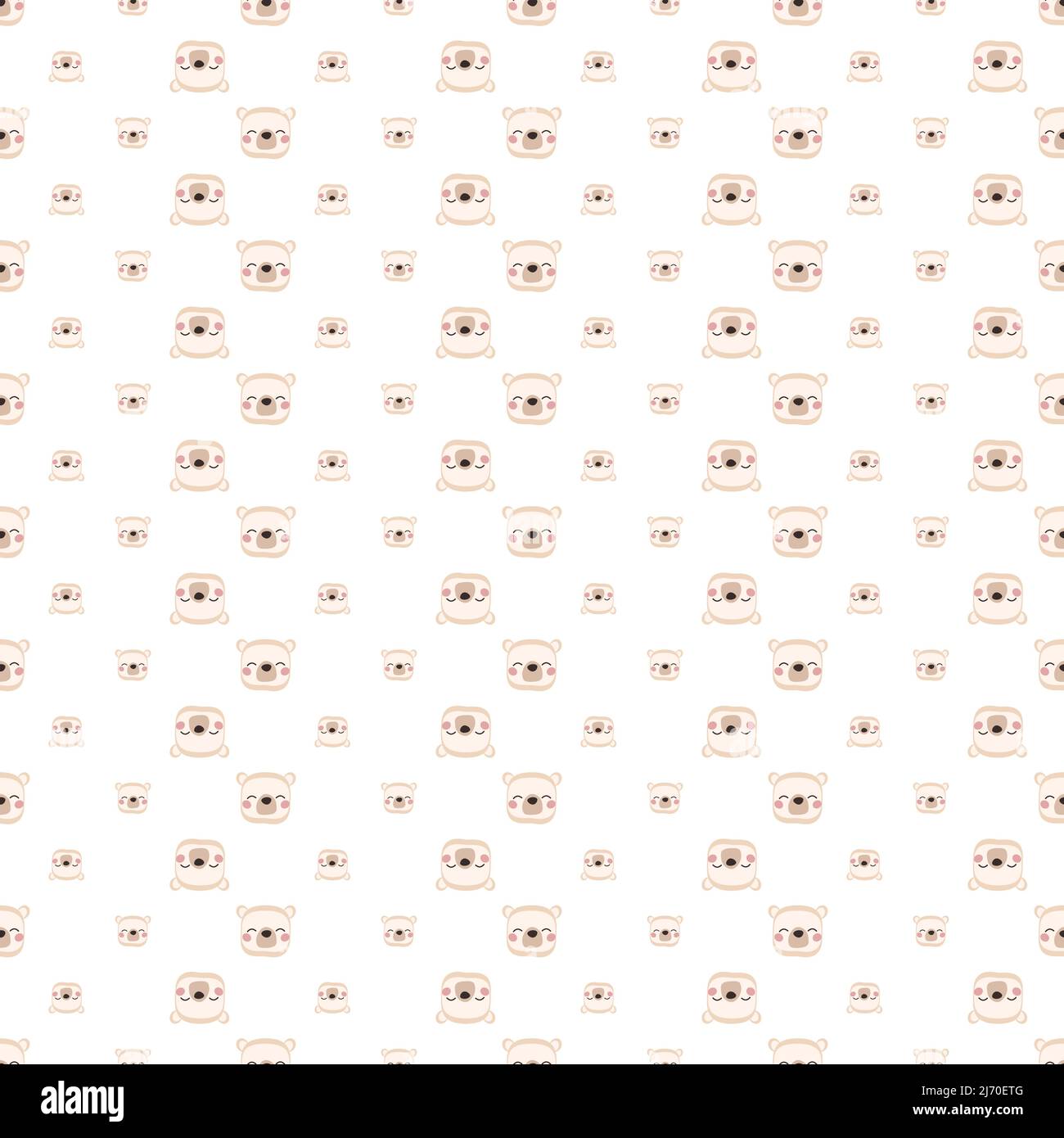 Seamless pattern with head of cute polar bear in childish style with smile muzzle and eyes. Funny print of white animal with happy face on brown background. Vector flat illustration for holidays Stock Vector
