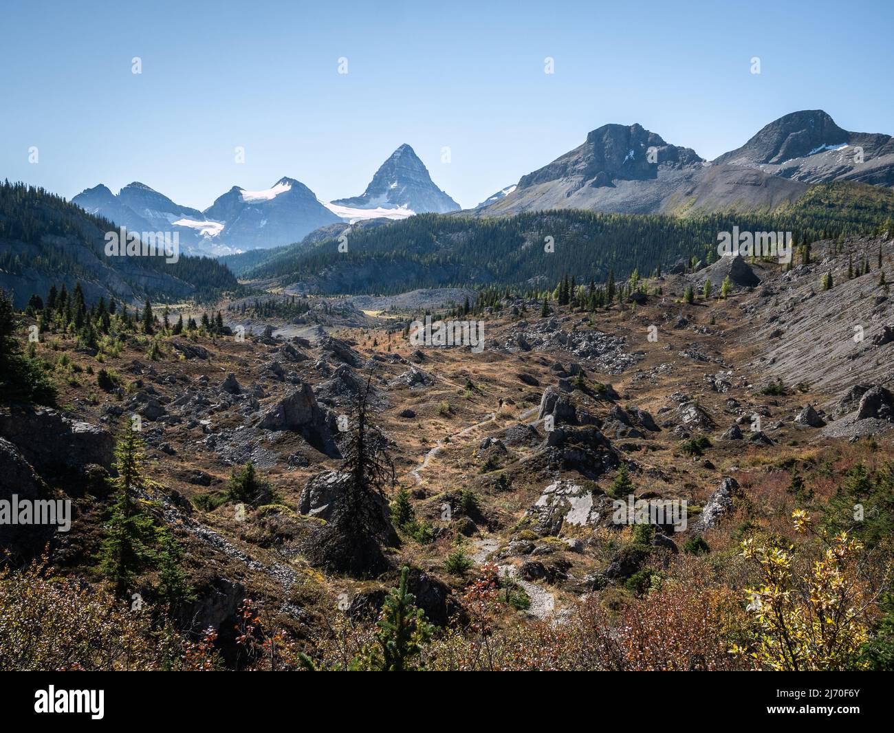 Autumn alpine valley with prominent peak on its end, Mt Assiniboine Provincial Park, Canada Stock Photo