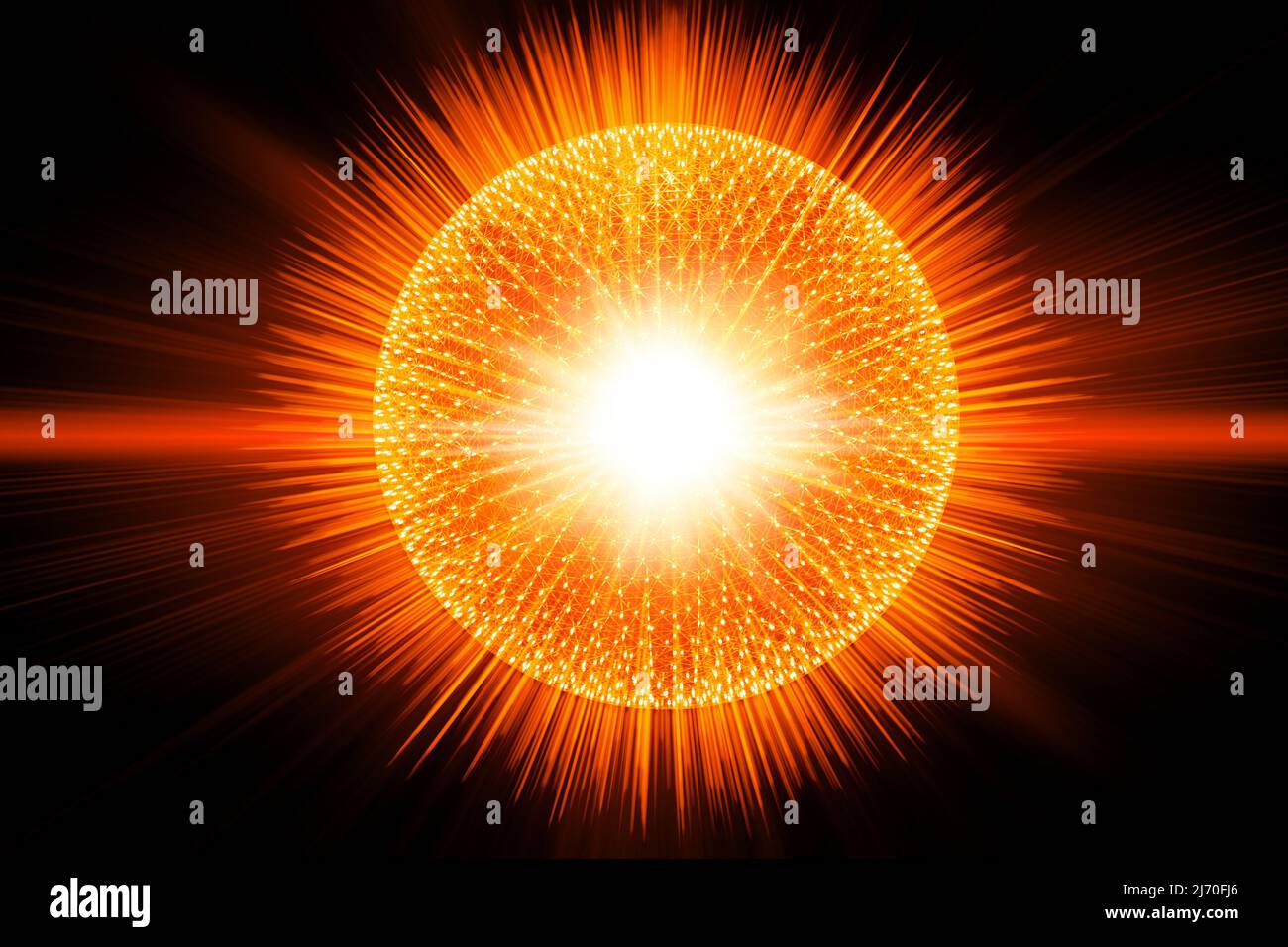 3D illustration Atom nucleus explosive break apart release energy and radiation light science illustration concept. Stock Photo