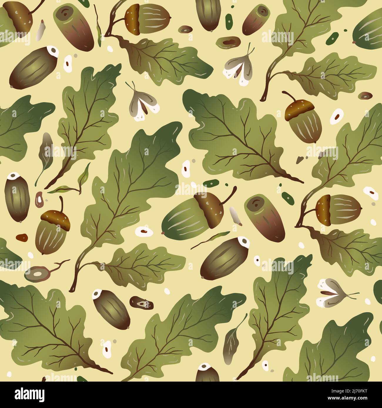 Oak acorn seamless vector nature pattern. Fall background Stock Vector