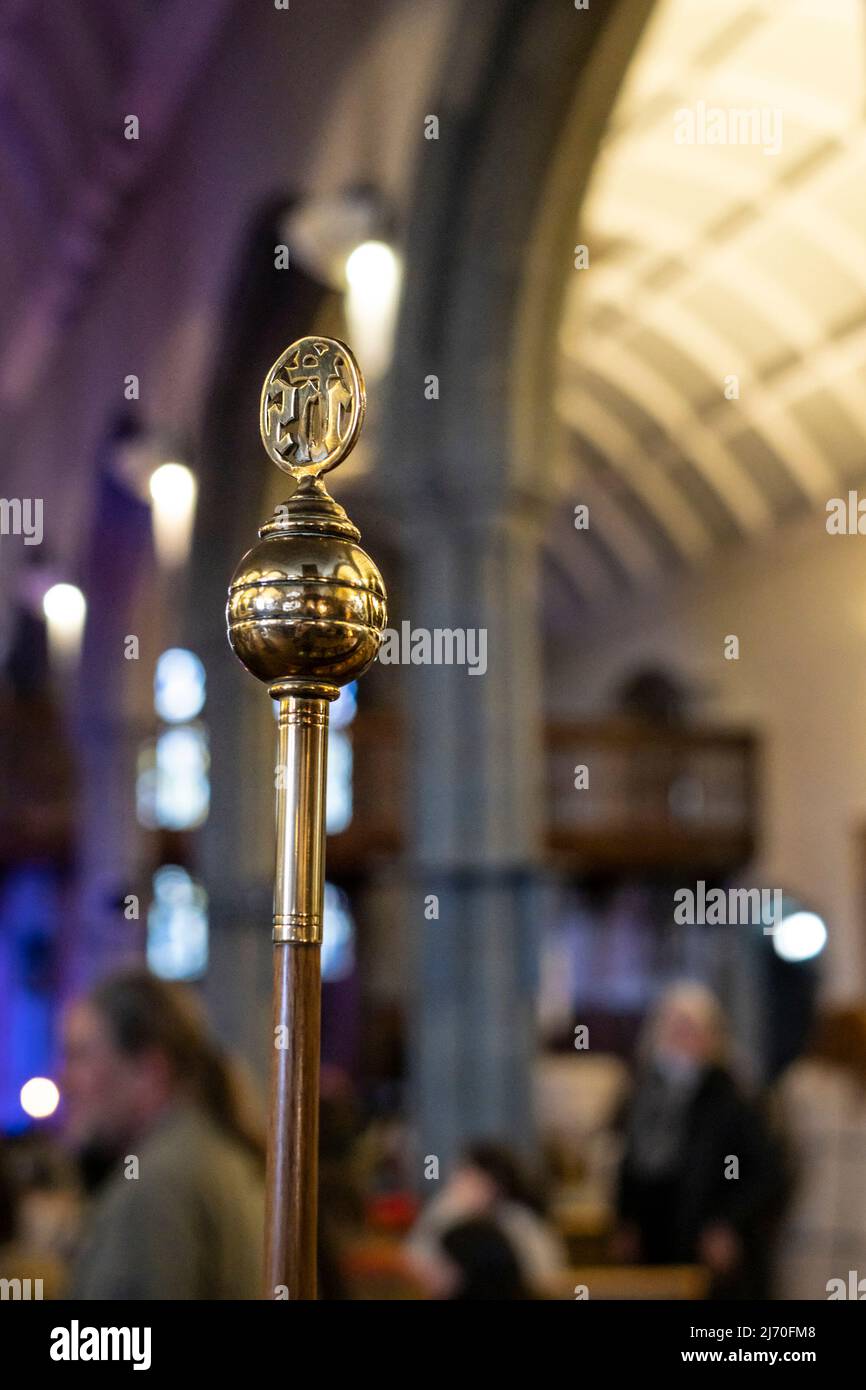 The tip of a Church Warden Staff Stave Wand Prodder in a church. Stock Photo