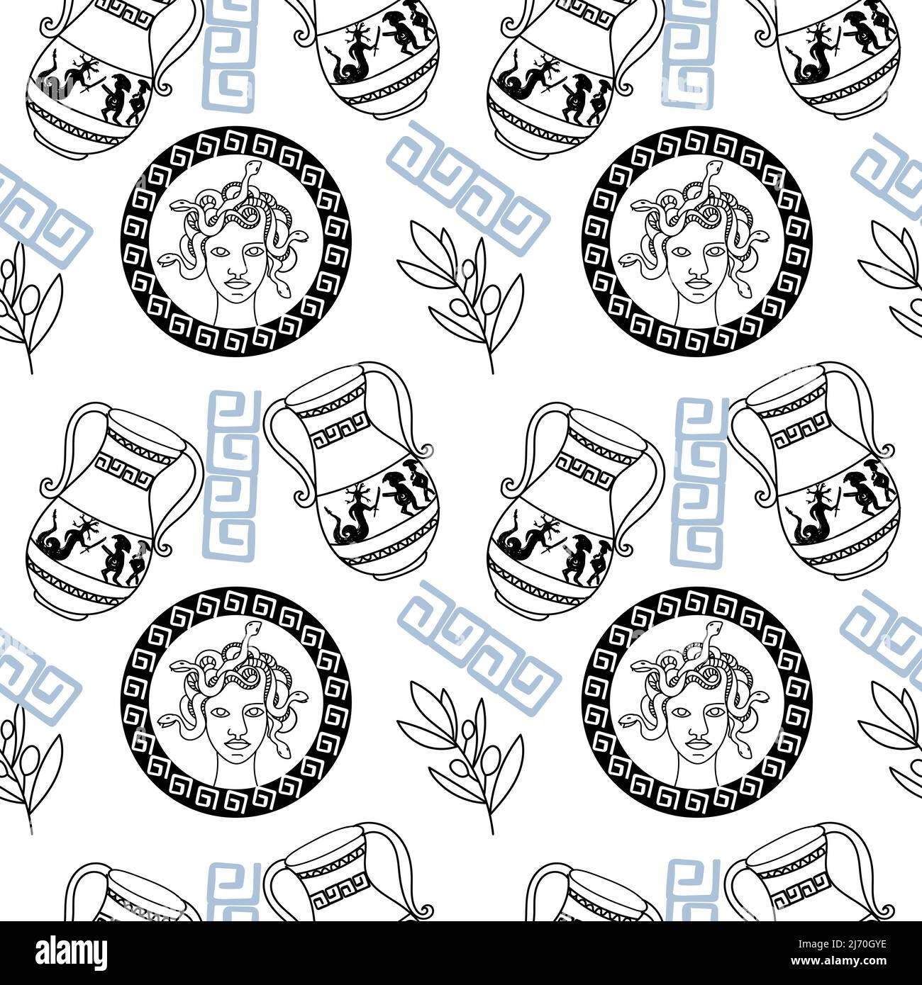 Seamless coin pattern with an image of Medusa Gorgon. Hand-drawn doodle elements in sketch style. Vases with the feat of Perseus. Sprigs of laurel on Stock Vector