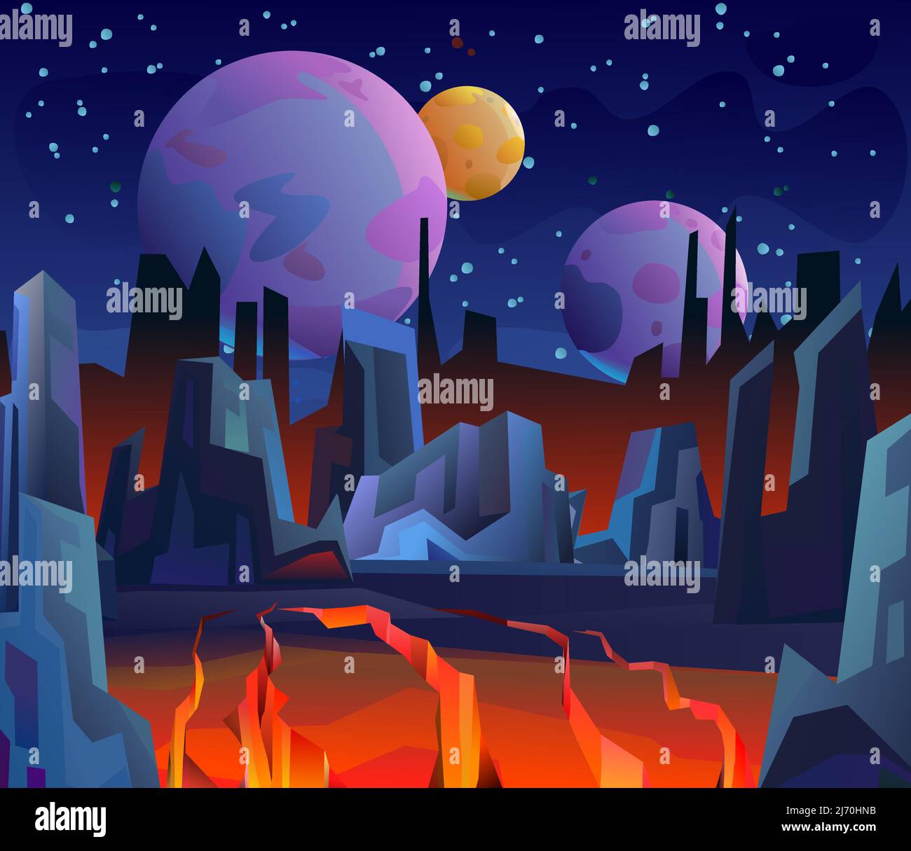 unexplored planets. Rocks cliffs landscape. Night scenery in mountains. Cracked earth cracked. Lava and magma. Starry sky. Volcanic earthquake. Cartoo Stock Vector