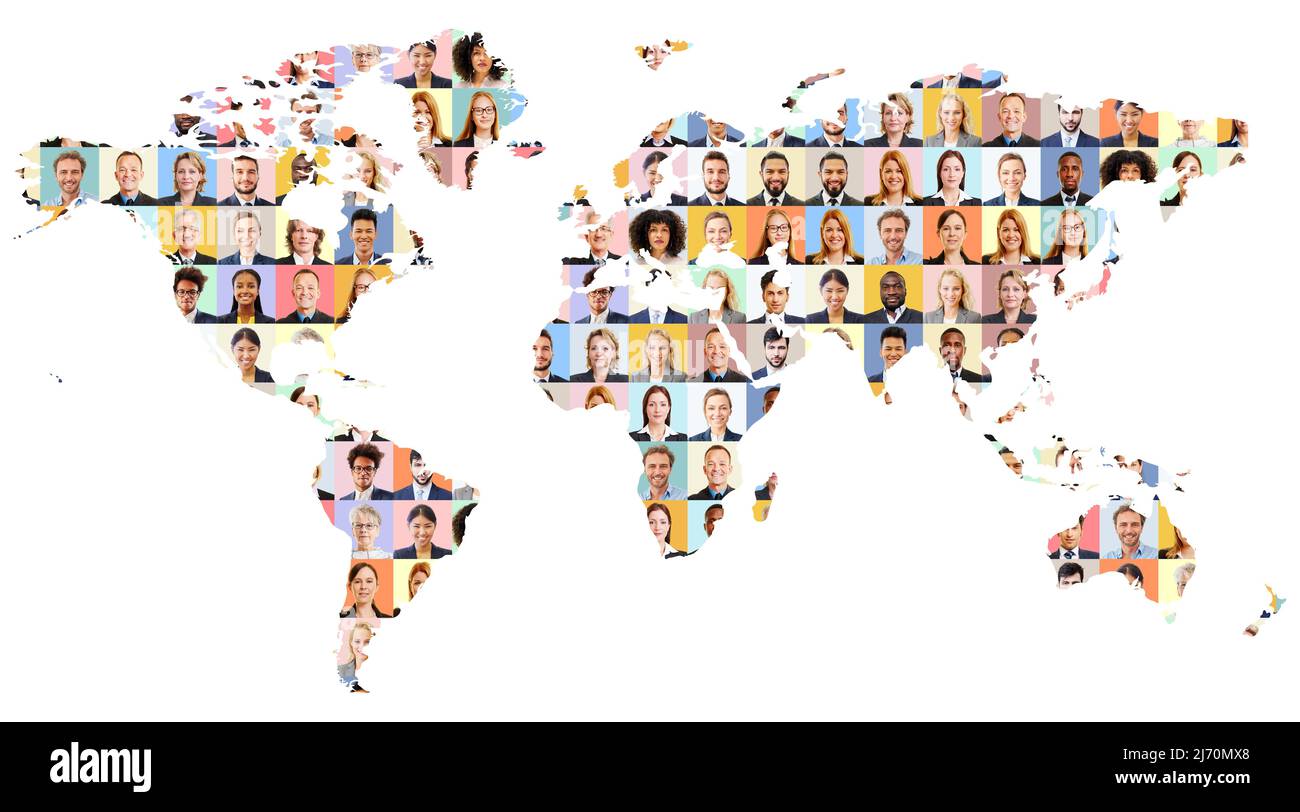 Collage of business people on world map as international and global business concept Stock Photo