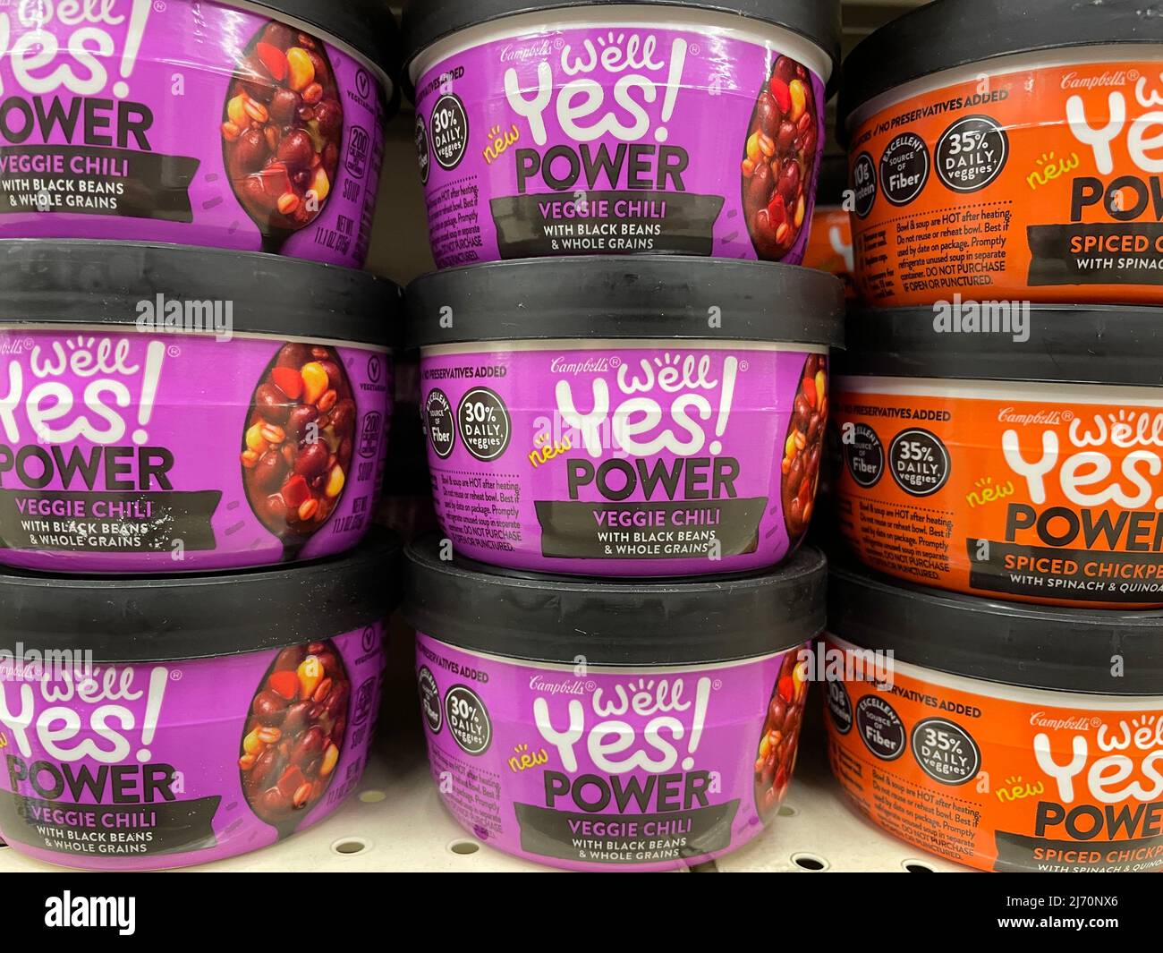 Grovetown, Ga USA - 04 20 22: Campbells YES soup on a retail store shelf stacked up variety Stock Photo