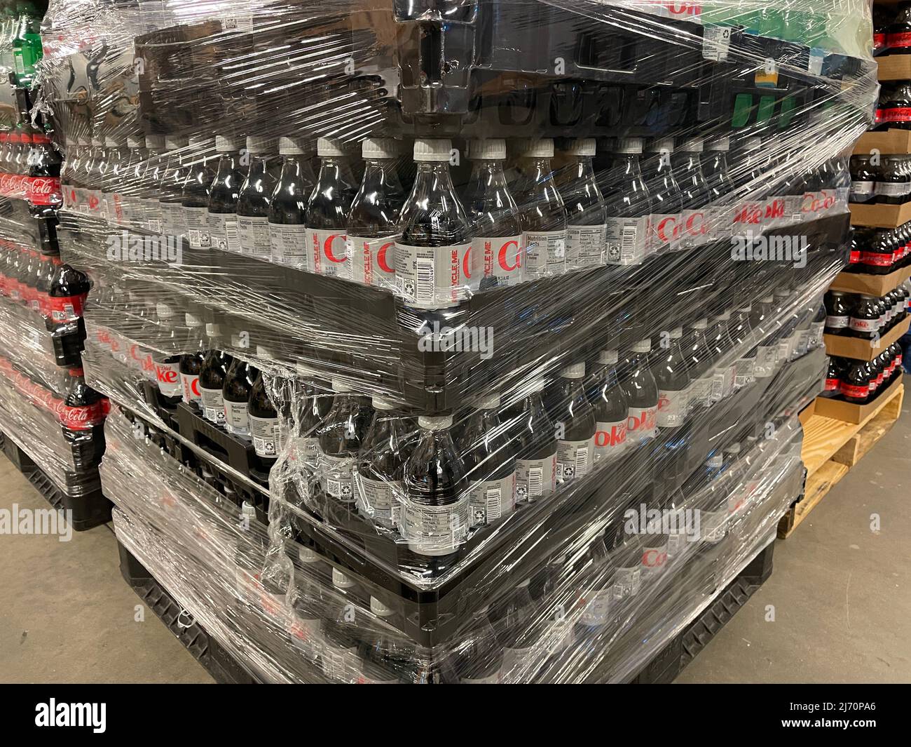 Grovetown, Ga USA - 04 20 22: Wrapped mixed Coke pallet in a retail store diet coke Stock Photo