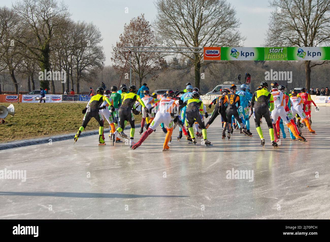 Marathon Ice speed skating on outdoor natural ice in Noordlaren in Drenthe, The Netherlands Stock Photo