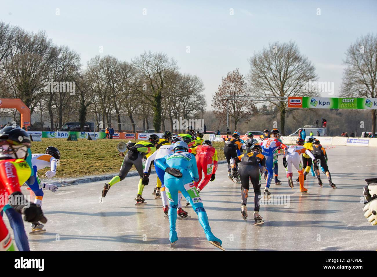 Marathon Ice speed skating on outdoor natural ice in Noordlaren in Drenthe, The Netherlands Stock Photo