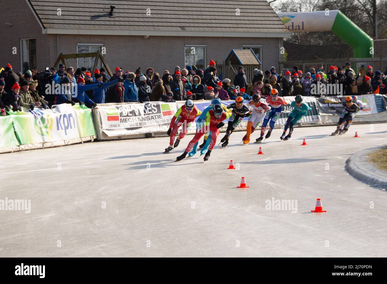 Marathon Ice speed skating on outdoor natural ice in Noordlaren in Drenthe, The Netherlands