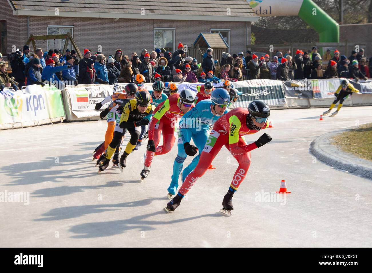 Marathon Ice speed skating on outdoor natural ice in Noordlaren in