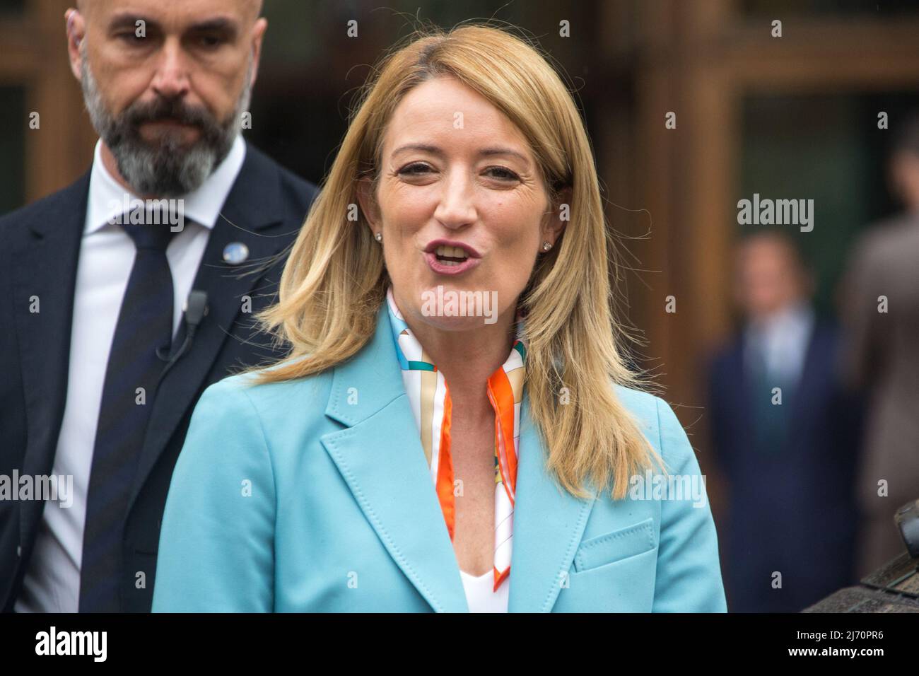 Rome, Italy. 05th May, 2022. The President of the European Parliament, Roberta Metsola, meets the President of the Chamber of Deputies of the Italian Parliament, Roberto Fico, outside Palazzo Montecitorio. Stock Photo