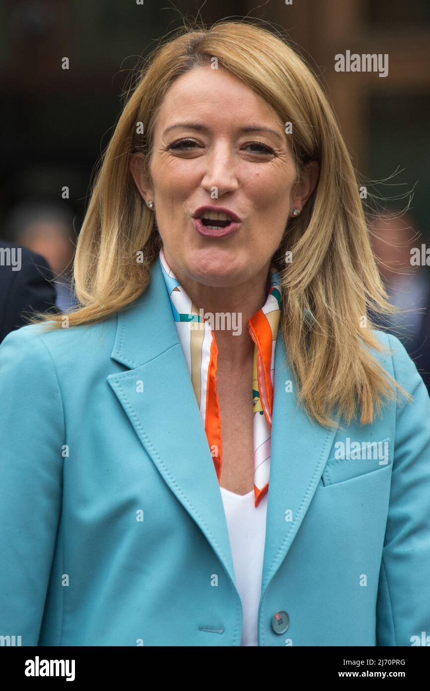 Rome, Italy. 05th May, 2022. The President of the European Parliament,  Roberta Metsola, meets the President of the Chamber of Deputies of the Italian  Parliament, Roberto Fico, outside Palazzo Montecitorio Stock Photo -, image size:866x1390