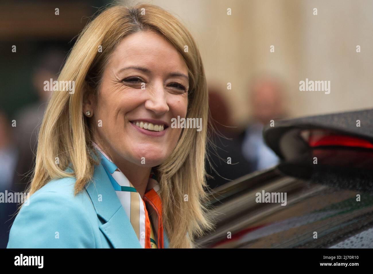 Rome, Italy. 05th May, 2022. The President of the European Parliament, Roberta Metsola, meets the President of the Chamber of Deputies of the Italian Parliament, Roberto Fico, outside Palazzo Montecitorio. Stock Photo