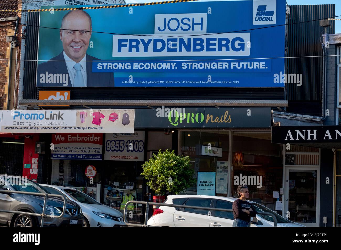 A political poster advertising Josh Frydenberg the Treasurer who is contesting the seat of Kooyong in the 2022 Australian Federal elections. Stock Photo