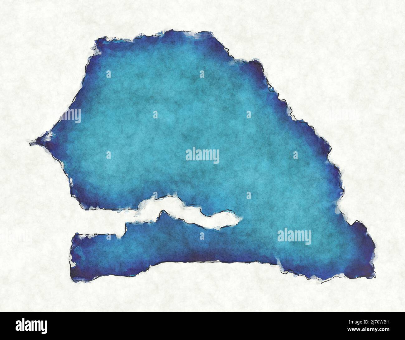 Senegal map with drawn lines and blue watercolor illustration Stock Photo