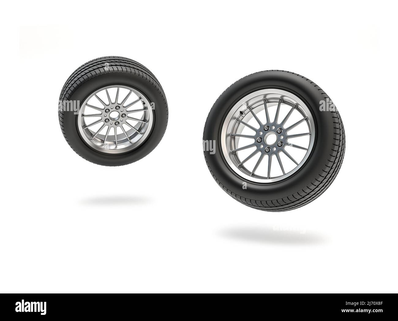 Aluminum wheel car tires  on white background ,3D illustration. Stock Photo