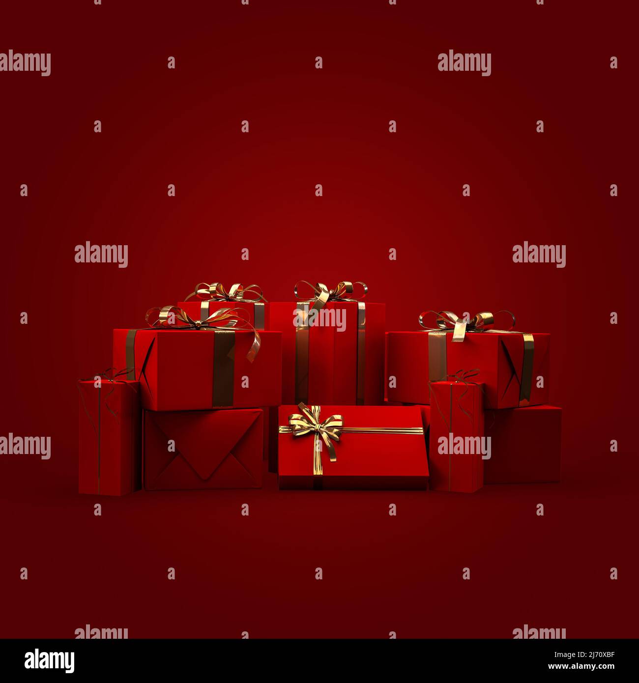 Realistic 3d red gift boxes on red background Stock Photo - Alamy