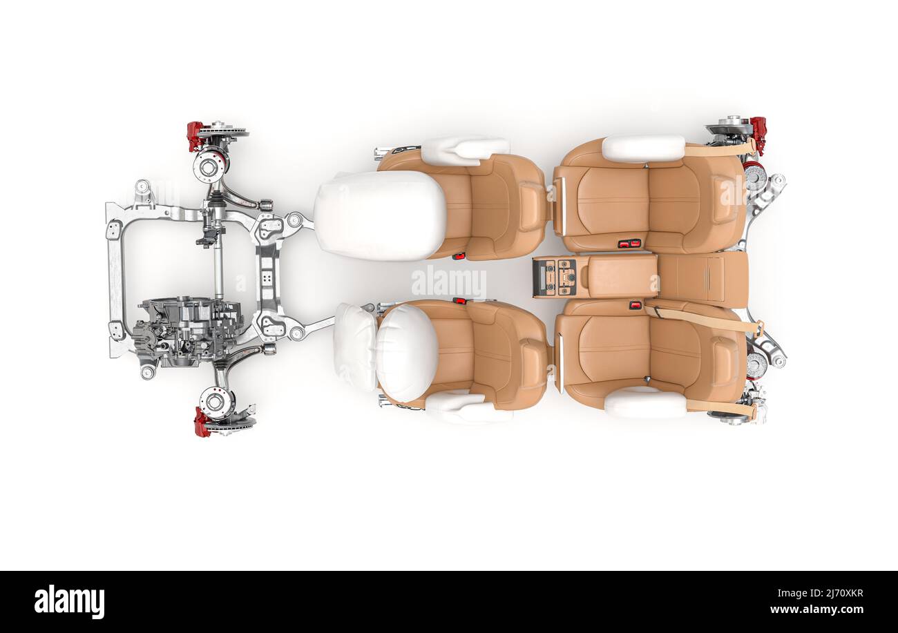 Details of the car seat with airbags and brakes on a white background, Top view, 3D render Stock Photo