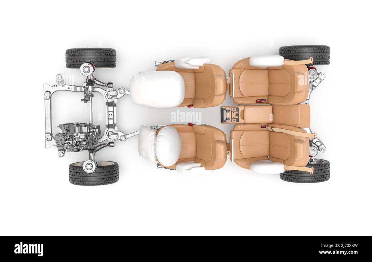 Details of the car seat with airbags and wheels on a white background