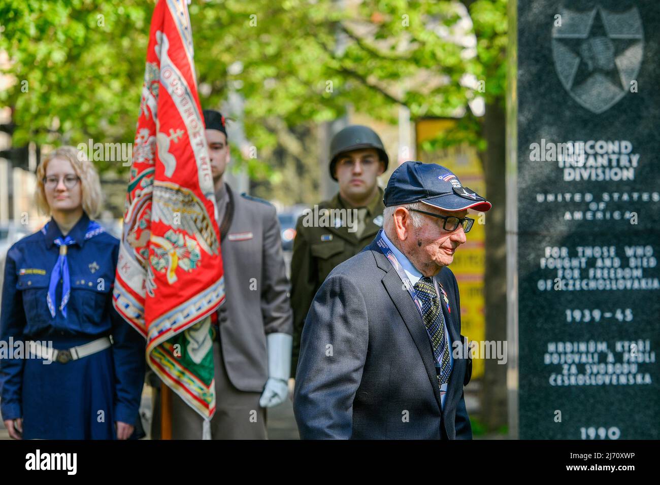 War veteran Herman Geist attends the 2nd Infantry Division memorial wreath laying ceremony within the Liberation Festival Pilsen - celebrations of the end of World War II - on May 5, 2022, in Pilsen, Czech Republic. (CTK Photo/Miroslav Chaloupka) Stock Photo