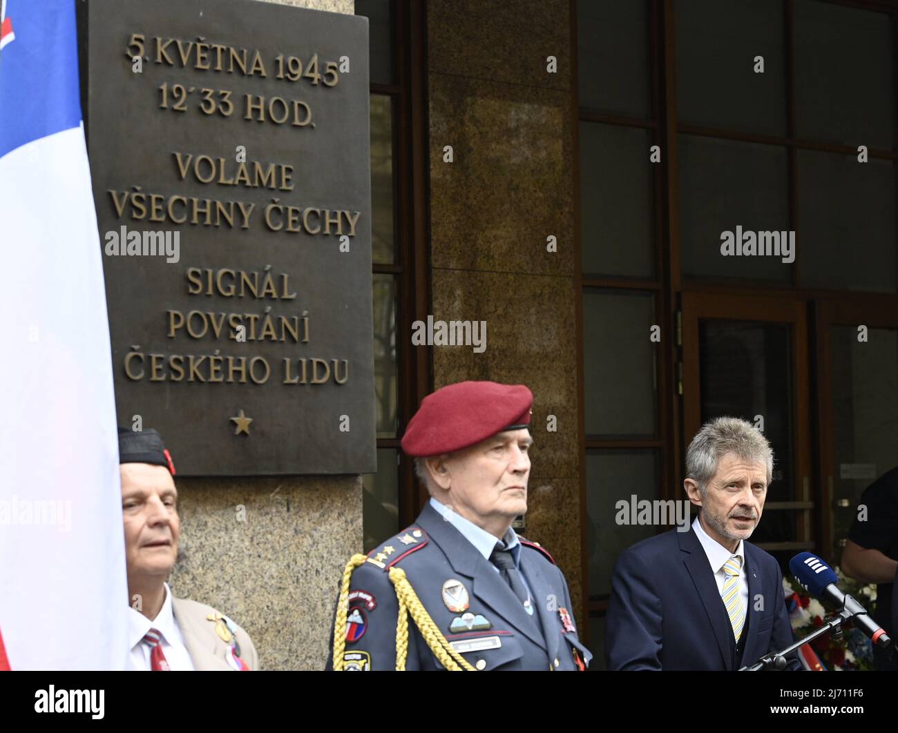 Czech Senate Chairman Milos Vystrcil, right, speaks during the ceremony to  commemorate 77th anniversary of Prague uprising, outside the Czech Radio in  Prague, Czech Republic, on May 5, 2022. (CTK Photo/Michal Krumphanzl