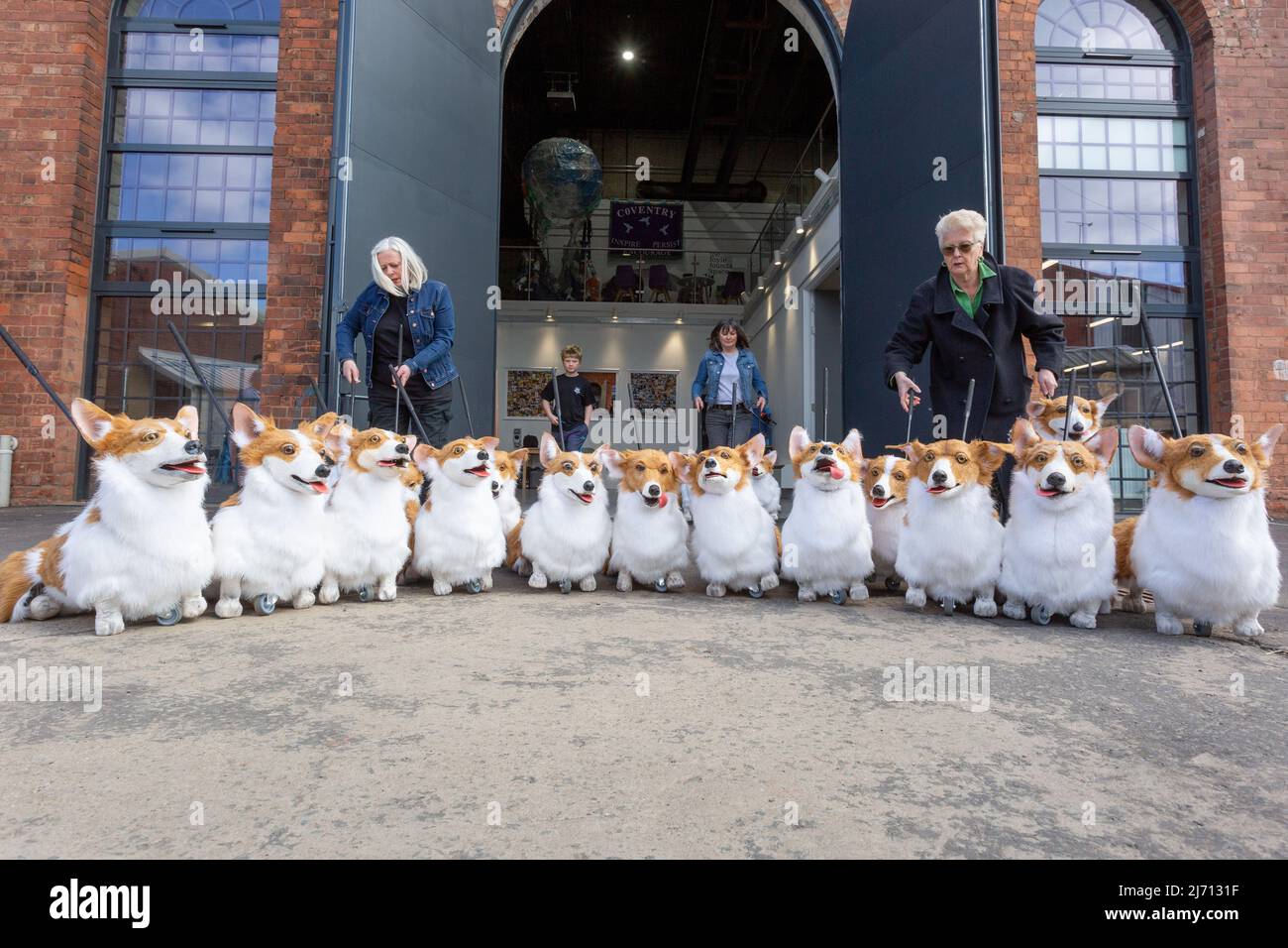 Coventry, UK. 5th May, 2022. Coventry based events production company Imagineer take a group of puppet cogis for a 'walk' as they prepare for their contribution to The Queen's Platinum Jubilee Pageant next month. The corgis are part of the company's show The Queen's Favourites. Credit: Peter Lopeman/Alamy Live News Stock Photo