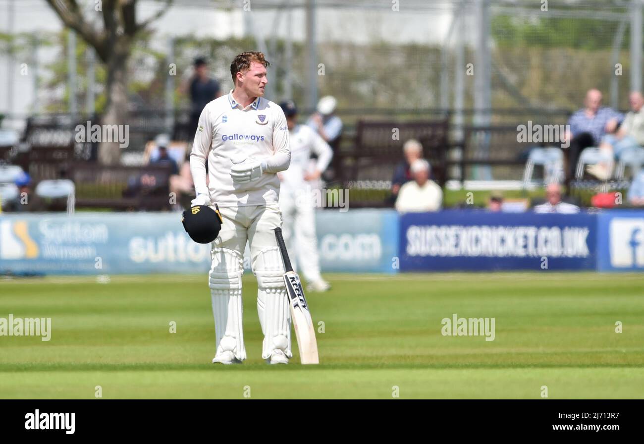 Hove UK 5th May 2022 - Tom Alsop batting for Sussex takes a breather against Middlesex on the first day of their LV= Insurance County Championship match at The 1st Central County Ground  in Hove . : Credit Simon Dack / Alamy Live News Stock Photo