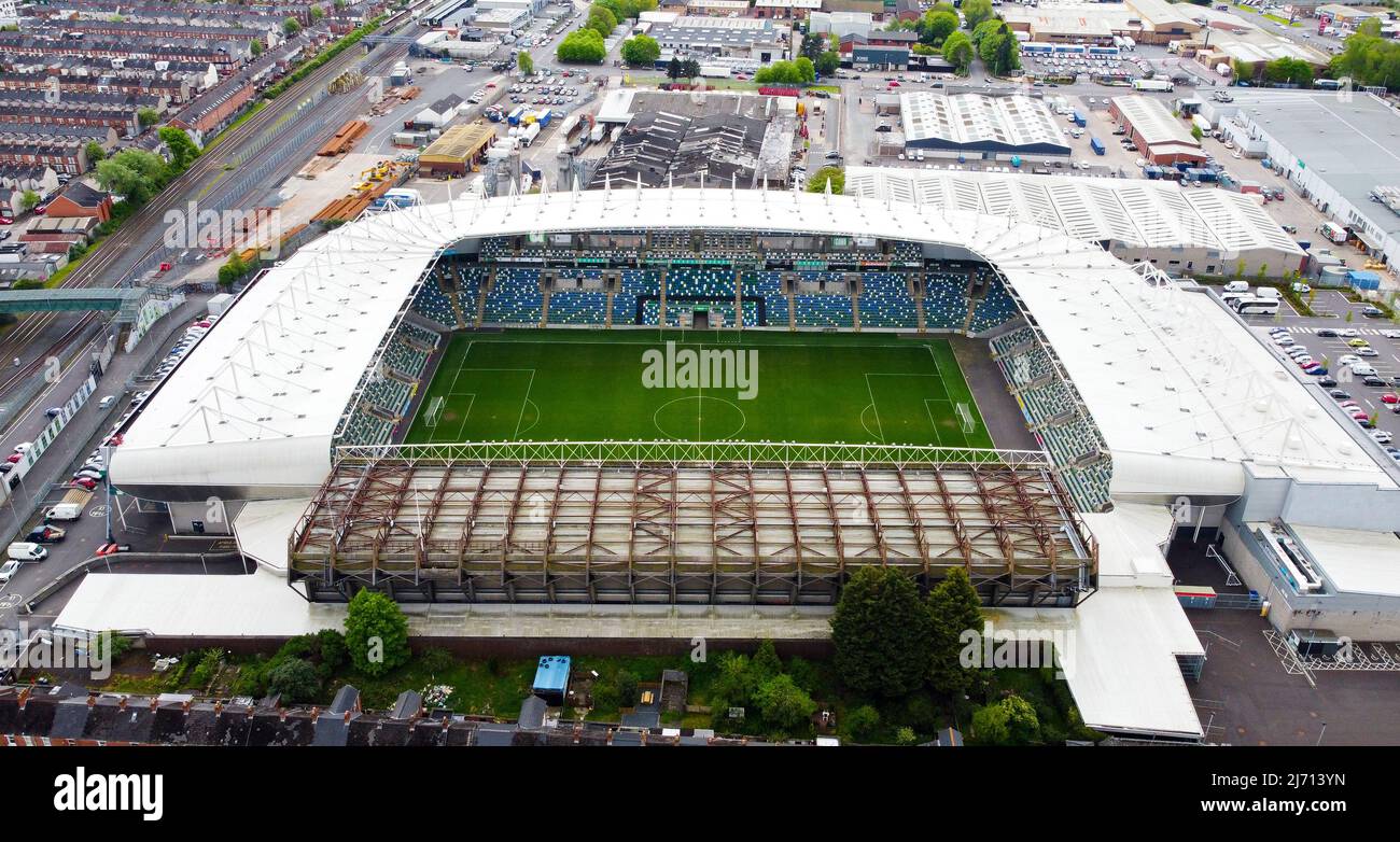 An aerial view of the National Stadium at Windsor Park, Belfast. Home of the Northern Ireland national team and Irish League side Linfield FC. Stock Photo