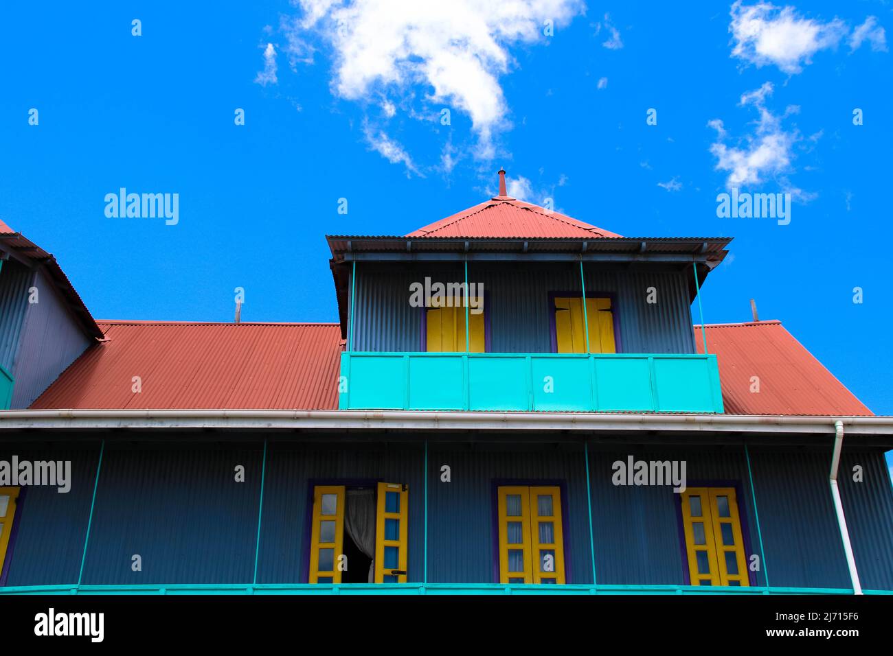 The colorful former warehouse on Albert street is now the center of crafts in the capital of the Seychelles. Victoria Mahe Stock Photo