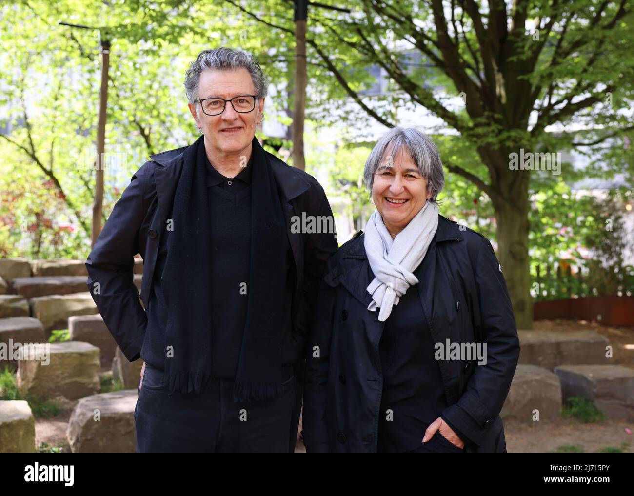 05 May 2022, Hamburg: Anne Lacaton and Jean-Philippe Vassal, architects,  smile during a tour of the Kampnagel culture factory. The architectural  firm Lacaton&Vassal from France, awarded the Pritzker Prize 2021, is  accompanying