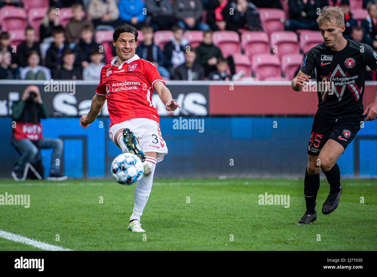 Herning, Denmark. 04th, May 2022. Miiko Albornoz (3) of Vejle Boldklub seen during the Sydbank Cup match between FC Midtjylland and Vejle Boldklub at MCH Arena in Herning. (Photo credit: Gonzales Photo - Morten Kjaer). Stock Photo