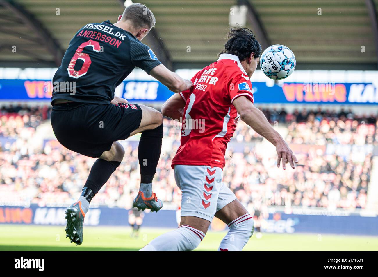 Herning, Denmark. 04th, May 2022. Joel Andersson (6) of FC Midtjylland and Miiko Albornoz (3) of Vejle Bodlklub seen during the Sydbank Cup match between FC Midtjylland and Vejle Boldklub at MCH Arena in Herning. (Photo credit: Gonzales Photo - Morten Kjaer). Stock Photo