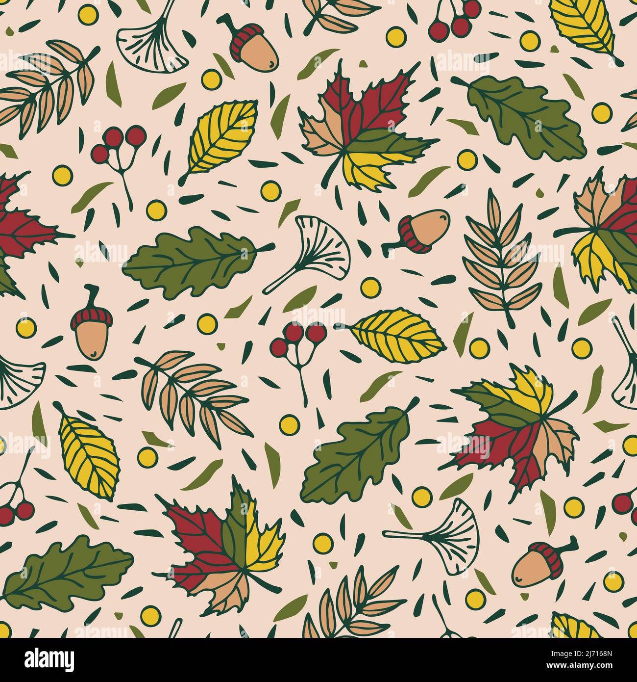 Seamless vector pattern with autumn leaves on beige background. Beautiful fall season wallpaper design. Decorative forest fashion textile texture. Stock Vector
