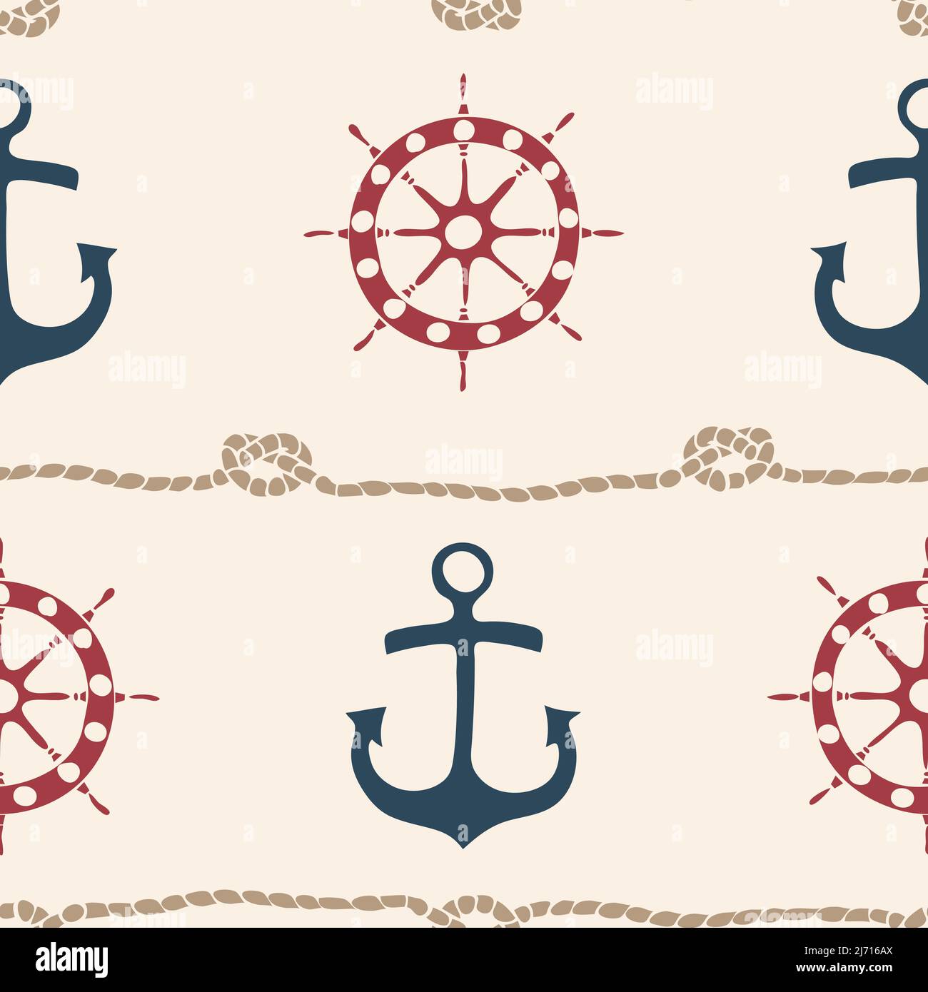 Seamless vector pattern with ship wheel and anchor on beige background. Nautical style wallpaper design. Decorative life style fashion textile. Stock Vector