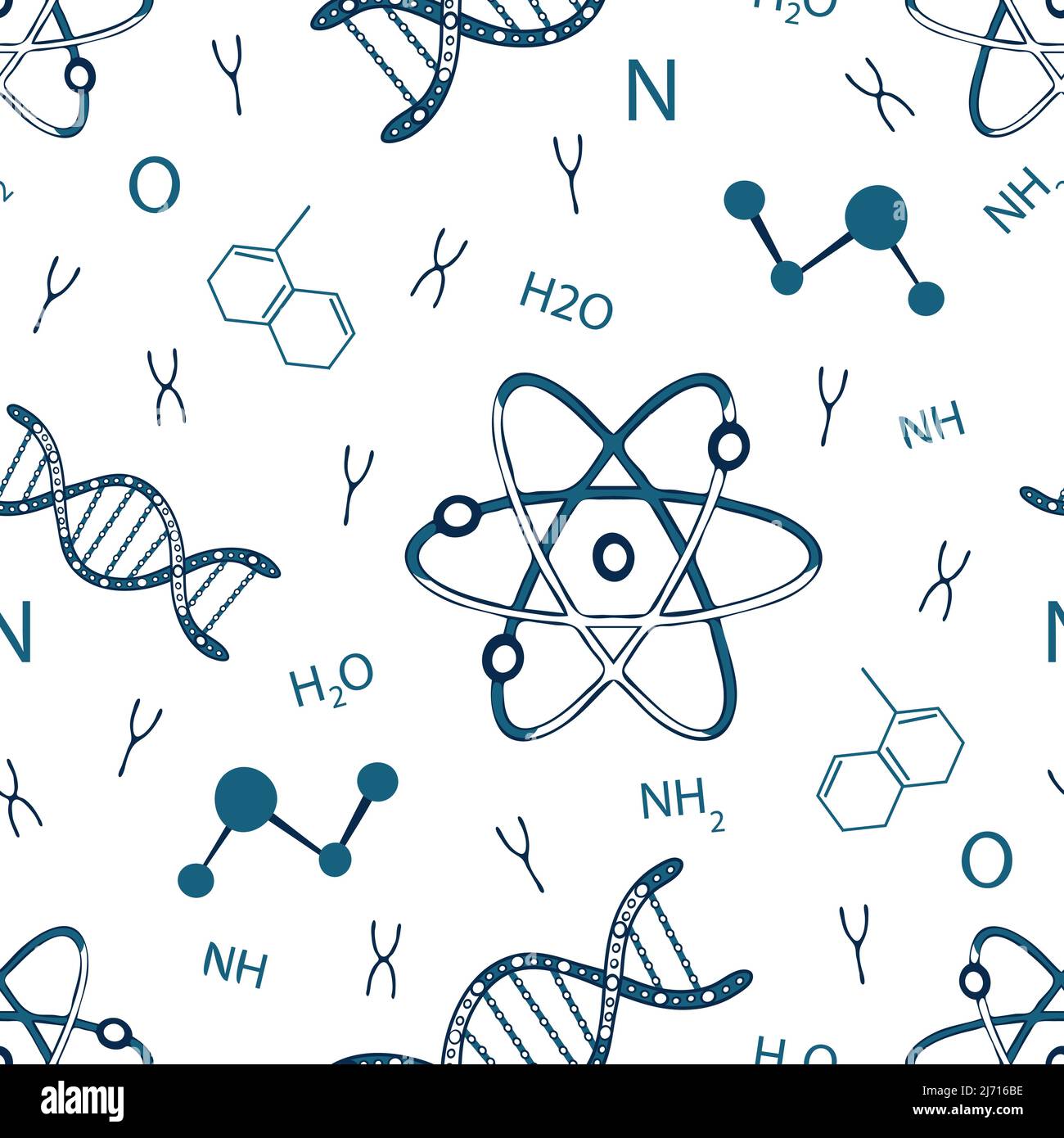 Seamless vector pattern with atoms and DNA on white background. Simple science wallpaper design for children. Decorative chemistry fashion textile. Stock Vector