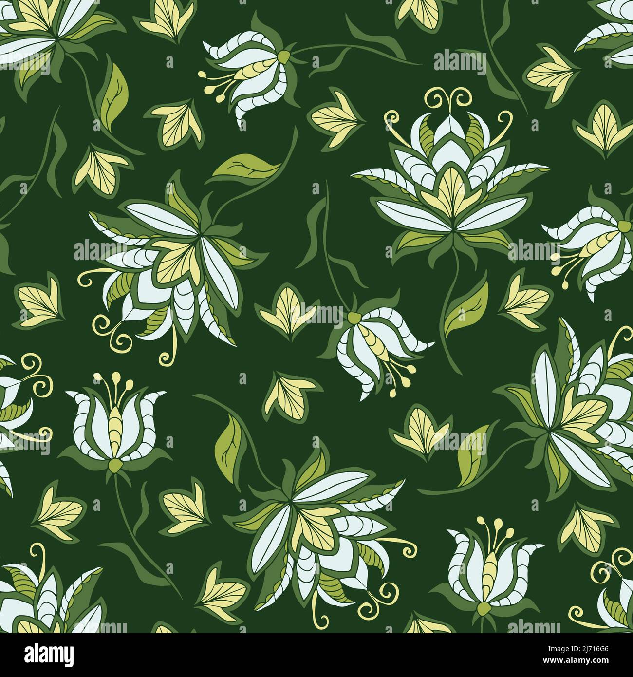 Seamless vector pattern with white flowers on green background ...